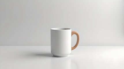 Fototapeta premium Minimalist White Mug with Wooden Handle on Clean White Surface, Studio Shot, Product Photography, Copy Space