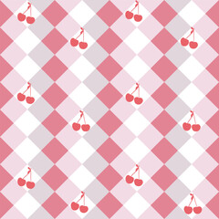 Red cherries and plaid seamless pattern