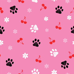 Red cherries and paw prints seamless with pink background pattern