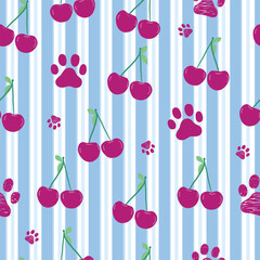 Blue stripes and white stripe pattern cherries and paw prints pattern