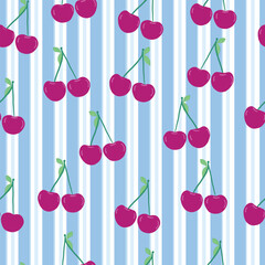 Blue stripes and white stripe pattern cherries pattern