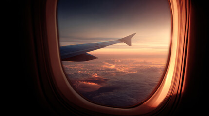 Airplane Wing Visible Through Window with a Sunrise 
