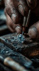 Craftsman skillfully engraving a diamond ring in a workshop with tools and intricate details in focus