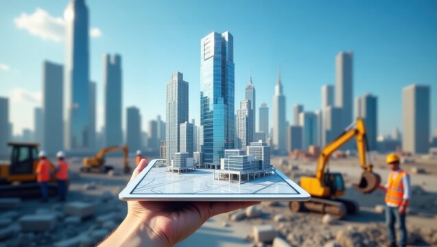 Aplicaci&oacute;n arquitect&oacute;nica de realidad aumentada en una tableta que superpone dise&ntilde;os de edificios sobre un fondo de sitio de construcci&oacute;n real