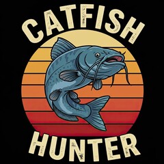 Catfish illustration with retro sunset background and bold text  