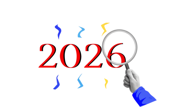 Hand with a magnifying glass look at the number 2026. Modern photo collage style. Illustration on transparent background - Powered by Adobe