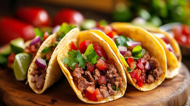 Four soft shell tacos filled with seasoned beef, diced tomatoes, red onions and fresh cilantro served on a wooden board.