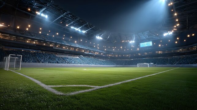 Empty soccer stadium at night