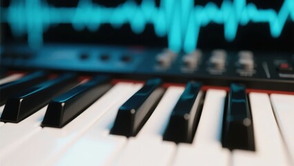 Close-up of Piano Keys with Digital Audio Waveform in Background