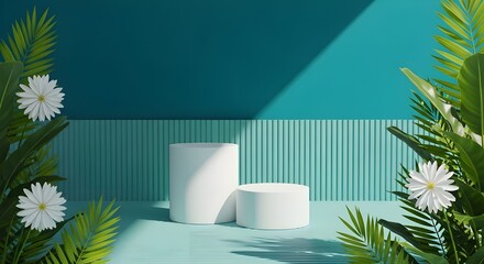 Geometric podiums for product display against a tropical green and turquoise backdrop