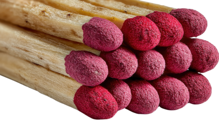 Crimson Headed Matchsticks: An overhead, close-up composition, showcasing a cluster of matchsticks with their striking crimson heads poised, hinting at potential energy and the start of something new.