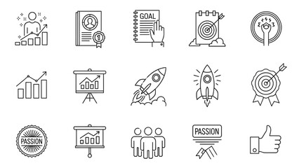 Motivation Line Icon Set – Personal Growth, Goal Setting, Achievement, Rocket, Teamwork, Passion Vector Illustration

