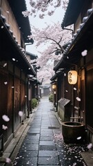 Cherry Blossoms Frame a Traditional Japanese Street Lined with Wooden Buildings