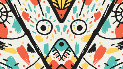 Abstract symmetrical face with colorful brushstrokes and geometric shapes in a playful composition