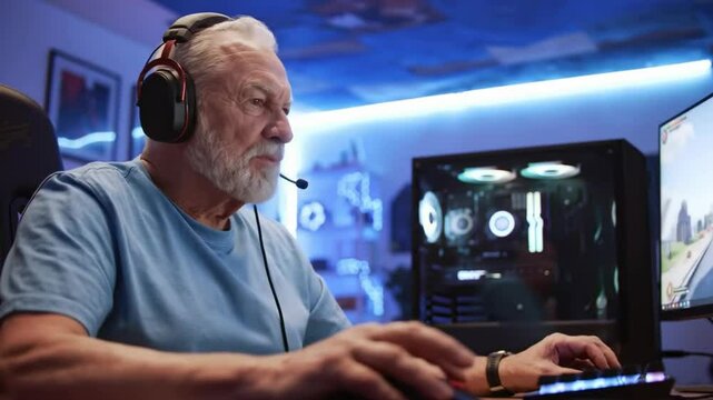 Senior Man Immersed in Competitive Online Gaming with LED Setup and Headset Microphone