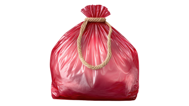 Waste Collection and Disposal: A vibrant red garbage bag, sealed and ready for removal, epitomizes efficient waste management and the importance of responsible disposal practices.