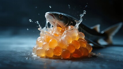 A fish leaps over a pile of vibrant orange caviar, creating a dynamic splash against a dark background.