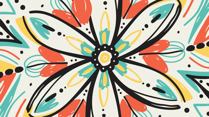 Colorful floral kaleidoscope pattern with bold black outlines and playful abstract shapes design element