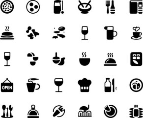 Collection of black food and drink icons on white background pizza olives