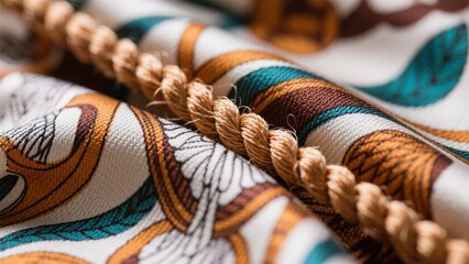 Close-up of a Braided Rope on a Patterned Fabric