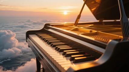 Grand Piano Above the Clouds at Sunset