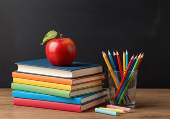 A stack of colorful books with a bright red apple, pencils, and chalk.