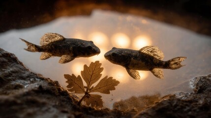 Obraz premium Two small fish swim in shallow water near a leaf with glowing lights in the background