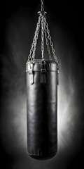 Black Leather Punching Bag Hanging Under Spotlight in Dark Gym
