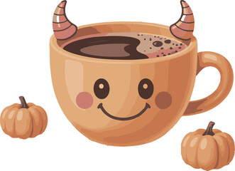 Cute cartoon orange coffee mug with devil horns and pumpkins drink beverage