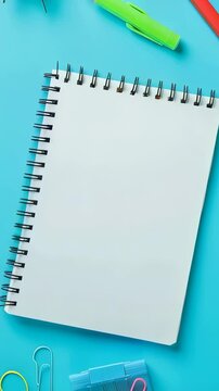 Flat lay of a spiral notebook centered on a bright blue surface. Various office and school supplies, like pens, pencils, erasers, and paper clips, are scattered around the notebook.