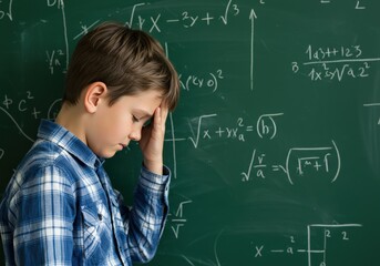 A young boy struggles with difficult math problems written on a chalkboard.