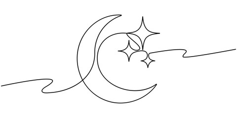 Obraz premium star with moon continuous one line drawing, Moon and star hanging decor continuous one line drawing minimalism design, Crescent moon and star continuous line art, Moon with star single line art.