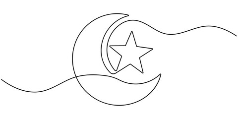 star with moon continuous one line drawing, Moon and star hanging decor continuous one line drawing minimalism design, Crescent moon and star continuous line art, Moon with star single line art.