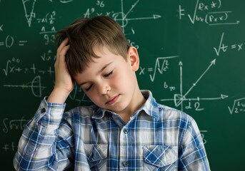 A young boy struggles with math problems on a chalkboard in a classroom setting.