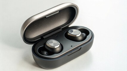 Modern wireless earbuds in charging case isolated on white background provide superior sound...