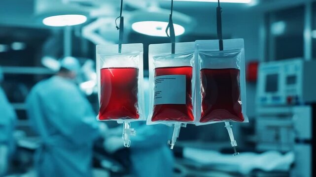 sachets of blood donate and doctor, surgery room,