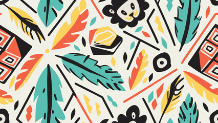 Colorful repeating pattern with lion face, leaves, and geometric shapes on a white background