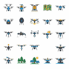 Various drone designs and applications, illustrated in a flat style.
