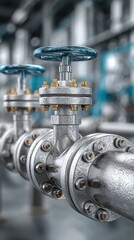 Detailed view of industrial valves on metallic piping in a manufacturing facility, showcasing precision engineering and design