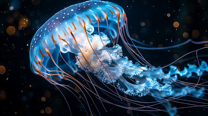 Mesmerizing underwater jellyfish with luminous tentacles in the deep sea