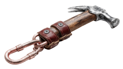 Hammer Hand Tool Close-up: A close-up shot of a sturdy, vintage hammer, with a wooden handle and leather belt for securing, the metal head gleaming.