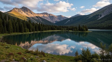 Fototapeta premium Nature's Reflection Calm Alpine Lake at Sunset