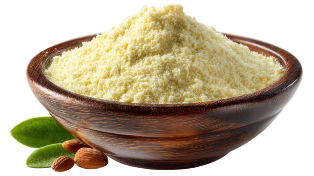 Almond Flour Delight: A close-up image captures a pile of fine almond flour in a rustic wooden bowl, with a sprinkle of almond and vibrant green leaves accentuating the freshness. 