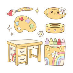 Pastel Yellow Kawaii Art School Supplies Illustration