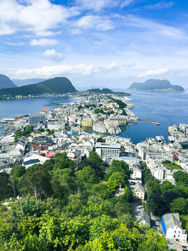 &Aring;lesund cityscape overlooking Brosundet strait and surrounding islands in Norway