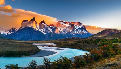 Fototapeta premium magical colorful sunrise near major peaks standing high towers mountain river surrounded by austral forests in torres del paine national park patagonia chile