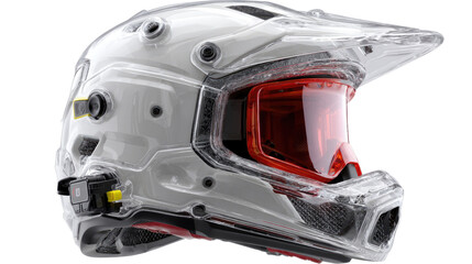 Helmet of the Future: A cutting-edge transparent helmet with vibrant red tinted goggles, embodying a fusion of safety and sleek design, perfect for the modern adventurer and gear enthusiast.
