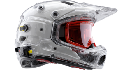 Helmet of the Future: A cutting-edge transparent helmet with vibrant red tinted goggles, embodying a fusion of safety and sleek design, perfect for the modern adventurer and gear enthusiast.
