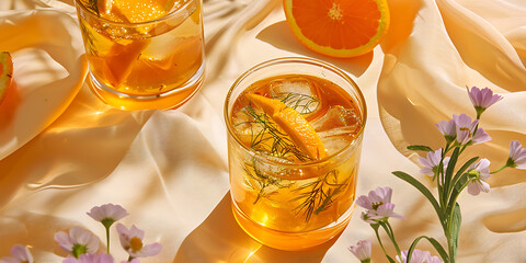 Iced Tea with Lemon and Orange Slices on White Fabric with Purple Flowers


