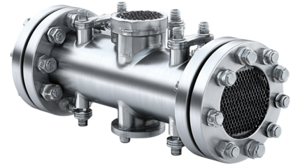 Industrial Exchanger Component: A metallic shell and tube heat exchanger is exhibited against a clean backdrop, accentuating its robust design and functionality in an industrial setting.
